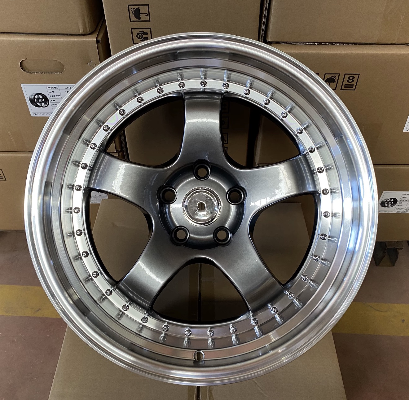 Deep-lip five-spoke (WORK Meister S1-inspired) aftermarket wheel